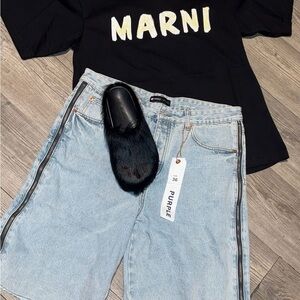 Marni Black Tee and Light Blue Denim Shorts